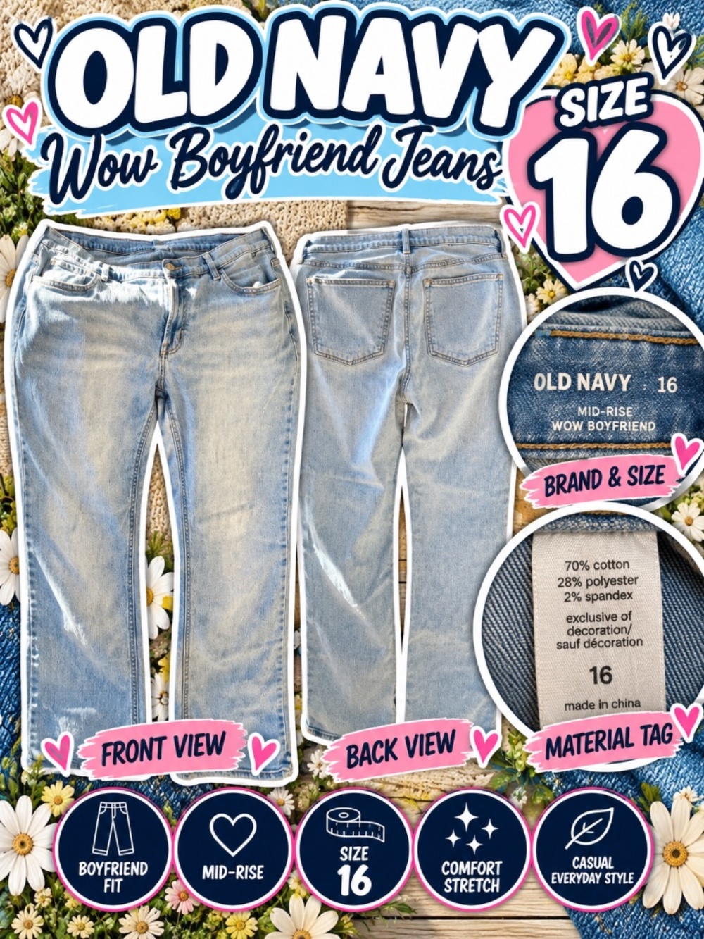 💙 Old Navy WOW Boyfriend Jeans Size 16 | Light Wash Mid-Rise Denim 👖
